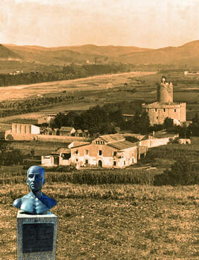 Foto antiga de la Torre Balldovina amb un bust de Llorenç Serra 